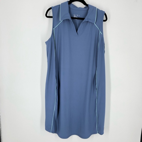 LIVI Active Sleeveless‎ Dress Womens 14/16 Blue Collared V Neck Stretchy Pockets - Picture 1 of 11